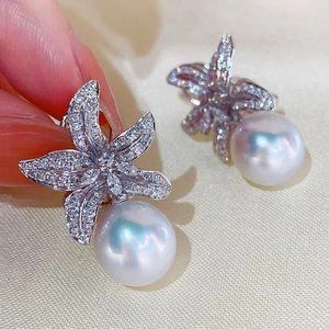 🎀925 Silver Plating CZ Crystal Imitation Pearl Starfish Earring, HA4526